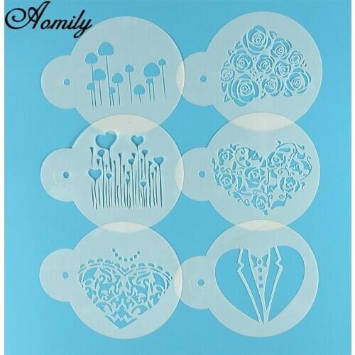 Aomily 6pcs/Set Valentines Day DIY Cake Stencils Airbrush Painting Art Molds Fondant Decorating Tools Coffee Espresso Stencils