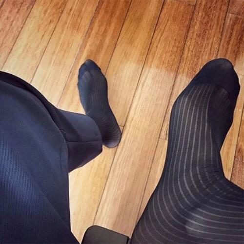 Japanese Business Breathable Gentleman Mens Formal Nylon High Tube Sexy Dress Silk Stripes Socks Stockings Deodorant Black Suit
