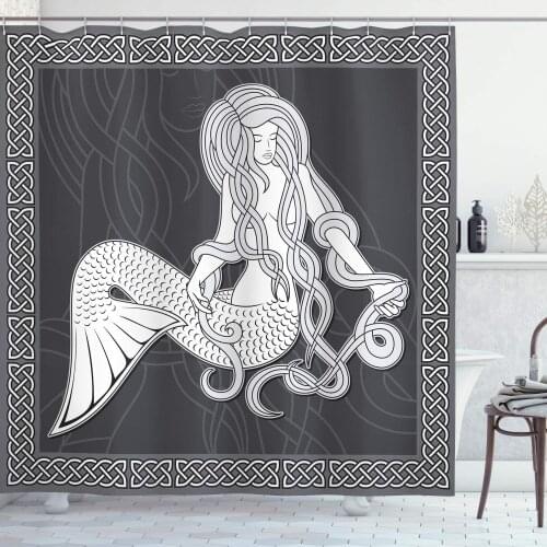 Mermaid Shower Curtain, Retro Art Illustration of a Mermaid Brushing Hair and Border with Celtic Patterns Fabric Bathroom Decor