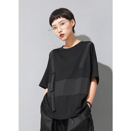 Dark black womens 2021 summer new personalized splicing round neck loose T-shirt Street cool neutral short sleeve top