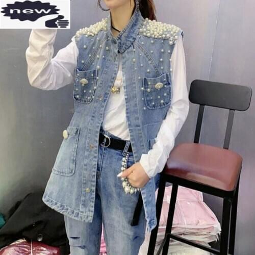 Women Pearls Denim Vest Loose Single Breasted Sleeveless Jean Jacket Multi-Pockets Beading Blue Office Medium-Long Waistcoat