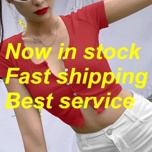 Lady Fashion Summer Short Sleeve U-neck Crop Top Summer Buttons T-shirt