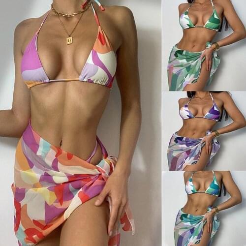 2021 swimsuit new stitching color sexy backless three sets of European and American lacing bikini bathing suit women