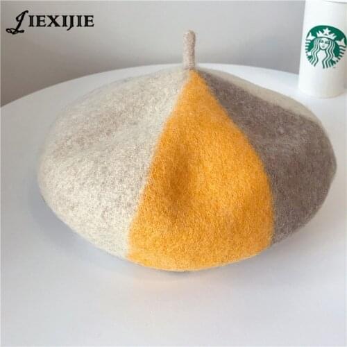 Winter Warm Charm stitching color pure Wool Women Beret French Beanie Hat Cap For Female retro wild Fashion Accessory Gifs
