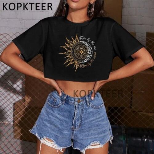 Live By The Sun Love By The Moon New Women Crop Tops 2021 Fashion Summer Short Sleeve Casual Aesthetic Crop Slim Tops Tees