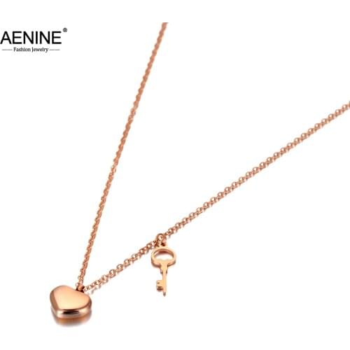 AENINE Trendy Goth Stainless Steel Heart & Key Charm Pendant Necklaces Rose Gold Chain Link Choker Necklace For Women AN20058