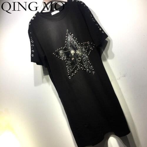 QING MO Star Patched Dress Women Rivets T Shirt Dress Black Short Sleeve Dress Summer Metal Rings T Shirt 2021 ZLDM036