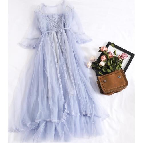 2021 Women Pearl Bead Chain Spaghetti Strap Lace Flower Ruffle Dress Elegant Lady A-line Elastic Slim Mesh Gauze Chic Midi Dress