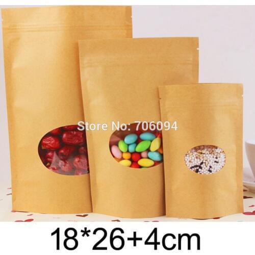 18*26+4cm,100PCS,Wholesale StandUp Blank brown Zipper Kraft bag, Oval Window Kraft paper bag for Candy/Coffee/Tea/gift Ziplock