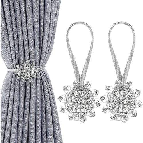 2-Pack Magnetic Curtain Tiebacks, 10 Heart Tip Petals Crystal Curtain Clips,Drapery Holdbacks Flower Curtain Holders for Home