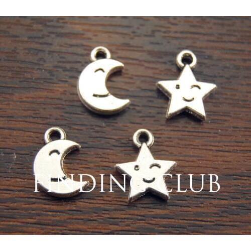 30 pcs Silver Color Similing Moon and Star Assortment Charms DIY Metal Bracelet Necklace Jewelry Findings A477