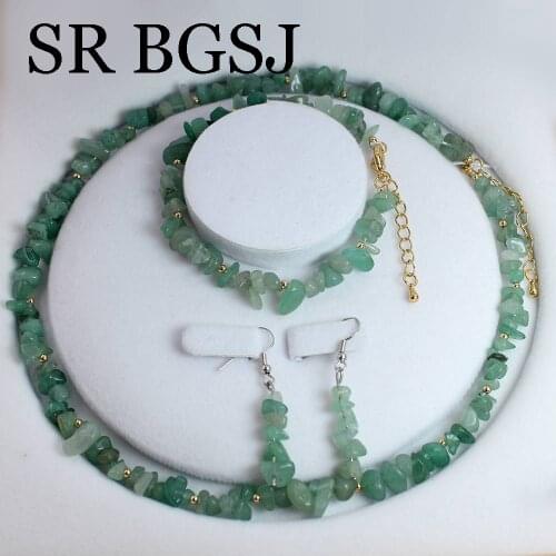 Free Shipping 6-8mm Green Aventurine Jades Natural Gems Stone Women Chockers Necklace Bracelet Earrings Set 17.5" 7-8"