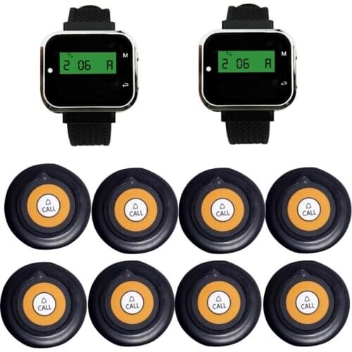 Wireless Restaurant Guest Pager System 2 Black Wrist Watch Receiver +8 Call Button Transmitter Long Range For Cafe Clinic