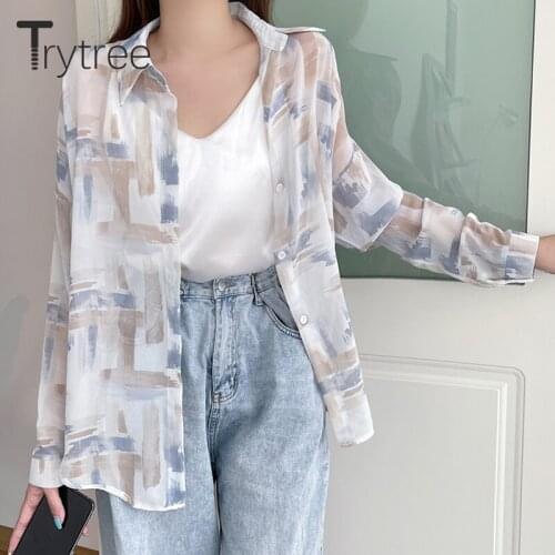 Trytree Summer Autumn Blouse Women Casual Turn-down Collar Chic Geometric Single Breasted Office Lady Sun protection Shirt Tops