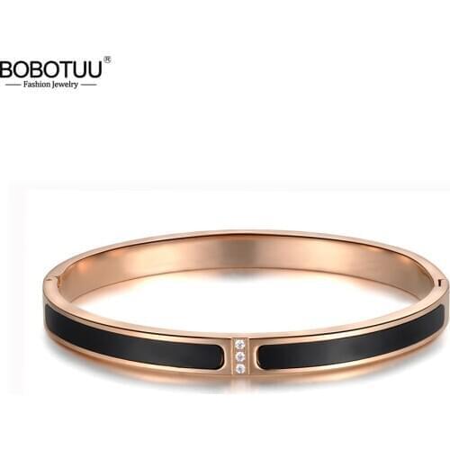 BOBOTUU Classic Titanium Steel White/Black Shell Bracelets & Bangles Luxury Engagement Wedding Bangle Jewelry For Women BB18045