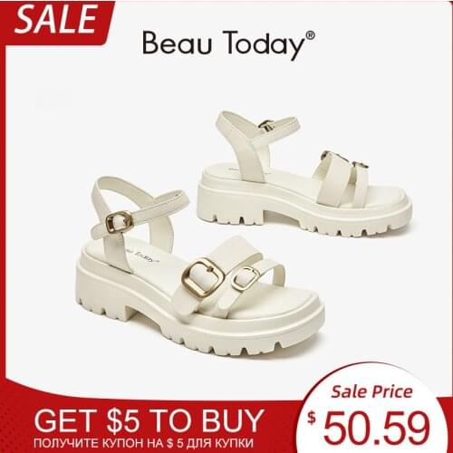 BeauToday Chunky Sandals Gladiator Women Cow Leather Platform Shoes Metal Buckle Ankle Straps Ladies Summer Wedges 38156