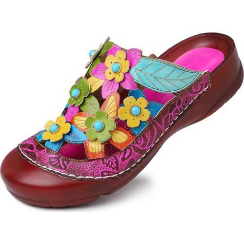 Retro Sandals Flowers Pattern Genuine Leather Stitching Adjustable Hook Loop Sandals Elegant Shoes Women Summer 2019