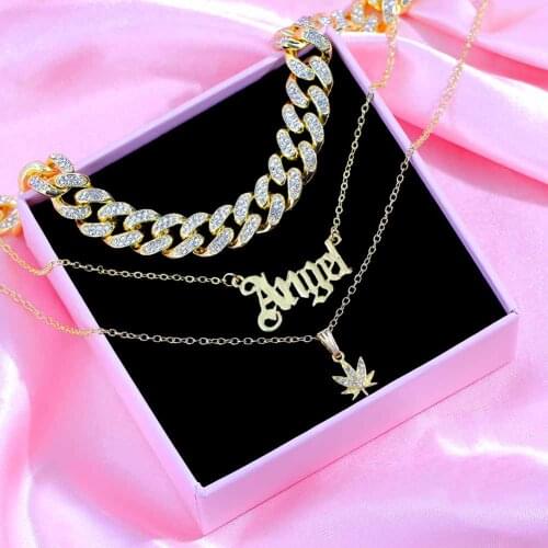 Caraquet Multi layer Metal Angel Letter leaf Pendant Necklaces for Women Bling Rhinestone Chunky Cuban Choker Necklace Jewelry