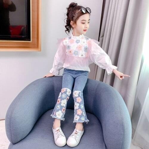 Girls Jeans Two-Piece Long 2021 Spring Autumn New Flower Embroidery Hedging Long-Sleeved Children Clothing 2-12 Years Old