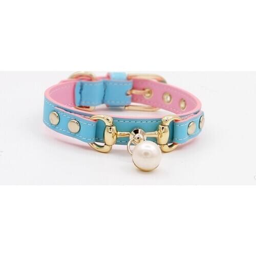 Customized Design Small Pet Dog Cat Collar Pure Handmade Genuiner Leather Necklace Poodle Bulldog Blue Pink Contrast