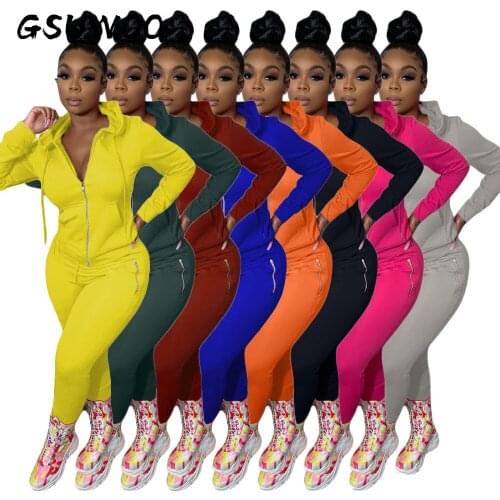 GSUWOO Women Solid Color Zipper Casual Sportwear Two-piece Long Sleeve Hooded Coats Pants Sets Female Autumn Winter Tracksuit