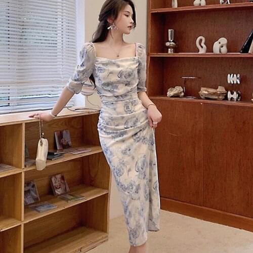 Summer Women Puff Sleeve Floral Midi Dress 2021 Vintage Ladies Elegant Square Collar Slim Waist Party Dress Vestido