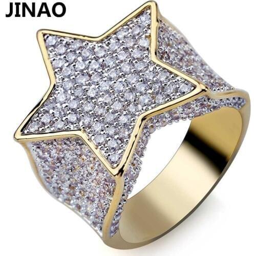 JINAO Mens Fashion Copper Gold Color Plated Ring Exaggerate High Quality Iced Out Cz Stone Star Shape Ring Jewelry Gift