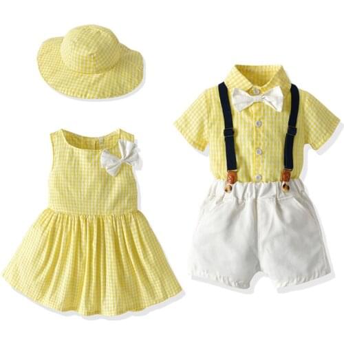 2021 New Summer Children Clothing Baby Boys Grid Shirt+ Overalls Set Baby Girls Dress Brother Sister Clohtes Suit Kids Costume