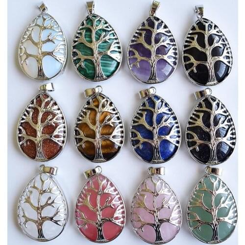 New Fashion Jewelry Amethysts Rose Pink Quartz Lapis Stone Teardrop Bead Chakra Tree Pendant 12pcs/lot Wholesale free shipping