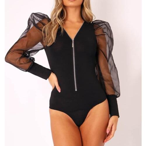 New Women Puff Sleeve Bodysuit Zip Up Leotard Tops Sexy V Neck Sheer Mesh Long Sleeve Bodycon Jumpsuit Romper Black White