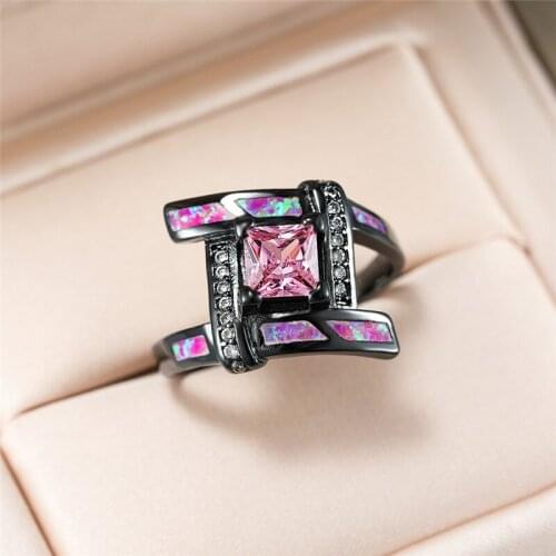 Charming Purple Fire Opal Engagement Ring Dainty Bridal Black Gold Ring Elegant Pink Zircon Square Stone Wedding Rings For Women