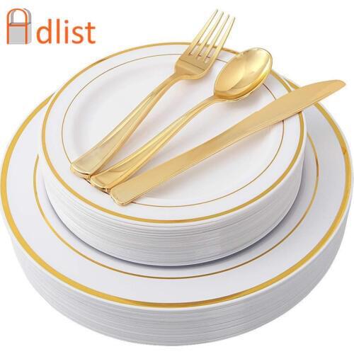 125PCS Rose Gold Disposable Cups Plastic Plates Transparent Cup Plate Cutlery Set Travel Camping Wedding Party for all Holidays