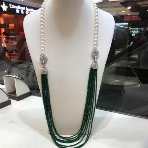 Hot sell 9 -10 mm white freshwater pearl necklace green beads multilayer long sweater chain fashion jewelry 32inches