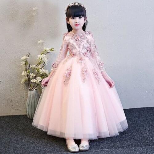 Flower Girl Dresses for Weddings Long Sleeves Elegant Princess Dress Pink Appliques Flowers Communion Dresses
