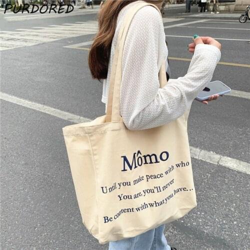 PURDORED 1 Pc Fashion Women Letters Shopping Bag Reusable Female Canvas Large Shoulder Bag Lady Handbags Grocery Tote Bag