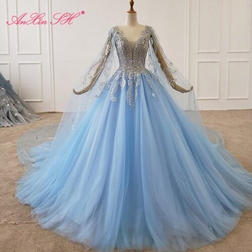 AnXin SH Luxury princess flower blue lace beading crystal v neck illusion with veil ball gown wedding dress 100% real photo