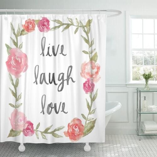 Pink Live Laugh Love Quote Watercolor Peony Wreath Inspirational Shower Curtain Waterproof Polyester Fabric 72 x 78 Inches