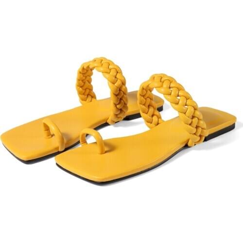 Large Size 41 42 Women Sandals Fashion Weave Solid Leather Comfort Female Shoes Square Toe Sandalias Mujer Bright Yellow