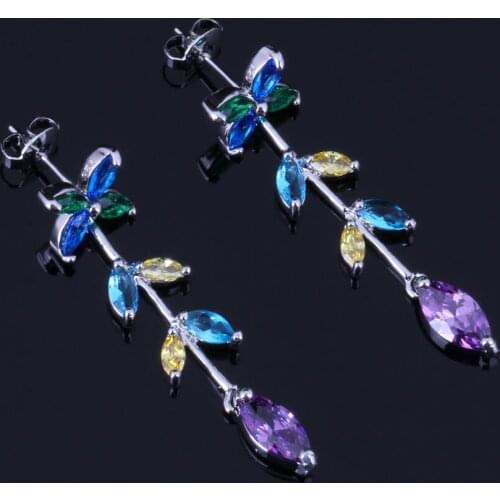 Ravishing Plant Multigem Multicolor Yellow Cubic Zirconia Silver Plated Drop Dangle Earrings V0720