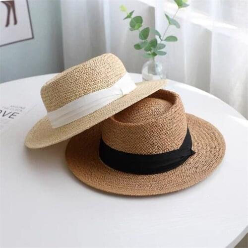 New Adult Ladies Casual Straw hat Raffia Sun hat Ribbon Bowler hat Flat Sport Sunscreen hat Gorros