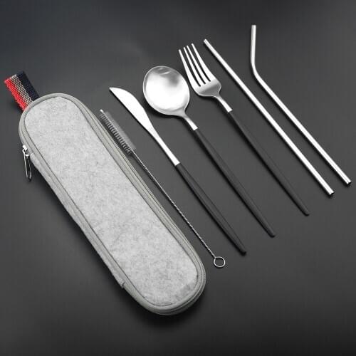 Black Silver Travel Dinnerware Set with Reusable Metal Straw Cutlery 18/10 Stainless Steel Spoon Fork Silverware Portable Pouch