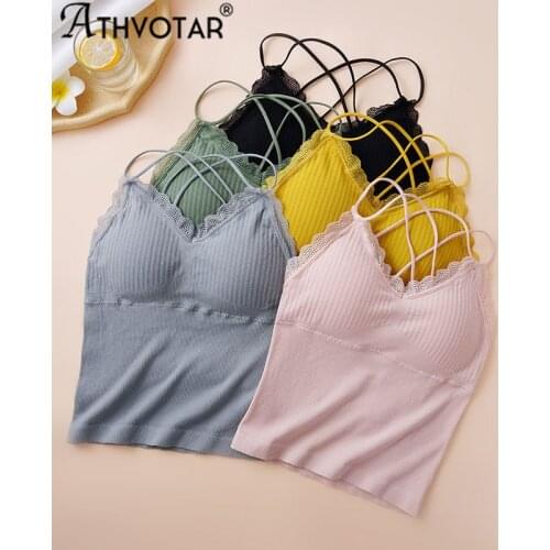 ATHVOTAR Striped Lace Crop Top Sexy Back Lady Tops Solid Color Lingerie Padded Simple Underwear