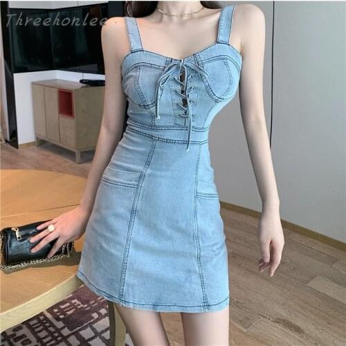 High Quality 2021 Summer Women Denim Sundresses Backless Sleeveless Bandage Sling Sexy Slim Chic Jean Mini Dresses Vestidos