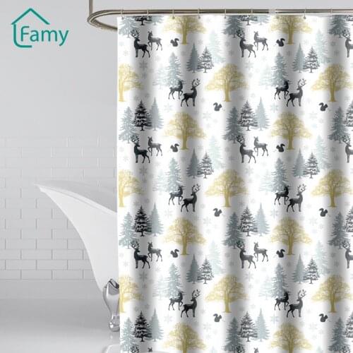 Shower Curtain Cartoon Deer Trees Pattern Shower Curtains With Hooks Waterproof Polyester Fabric Curtain for Bathroom Home Decor
