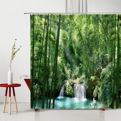 Green Bamboo Shower Curtain Waterfall Nature Scenery Forest Landscape Bathroom Decoration Home Supplies Bath Curtains Washable
