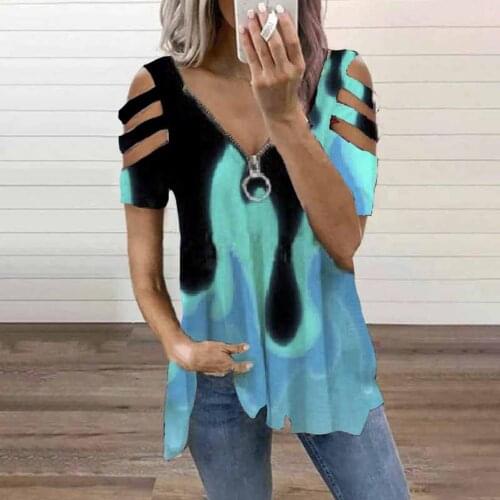 Women T Shirt Summer V Neck Zipper Hollow Out Short Sleeved Tops Casual Street Wear Floral Loose Tops V Neck Tee