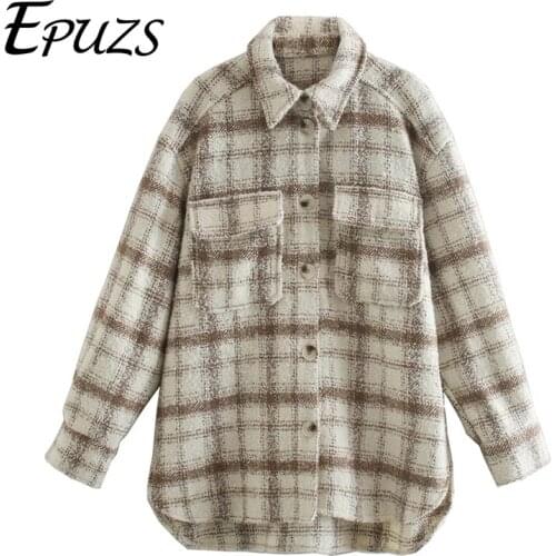 Women plaid jacket vintage casual thick tweed jacket winter warm button long sleeve outwear female shirt jacket 2020