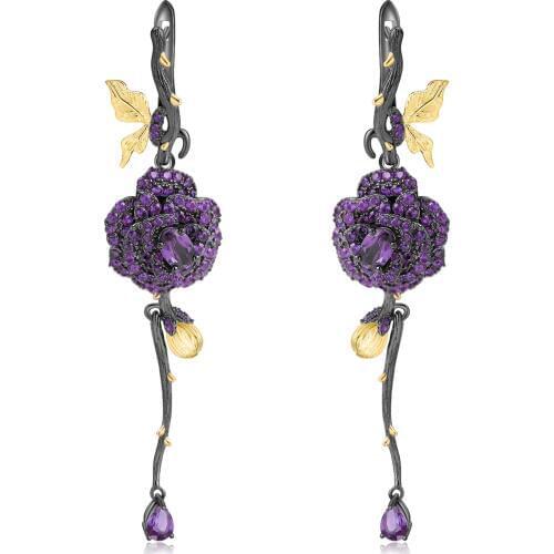 GEMS BALLET Handmade Rose Flower Drop Earrings 925 Sterling Silver 1.36Ct Natural Amethyst Romantic Earrings for Women Jewelry