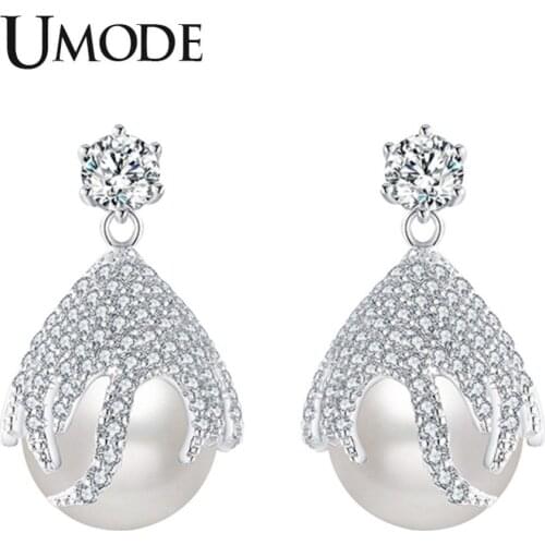 UMODE New Fashion Pearl Drop Earring for Women Clear Zircon Crystal CZ Water Drop Shape Earrings White Gold Jewelry AUE0453