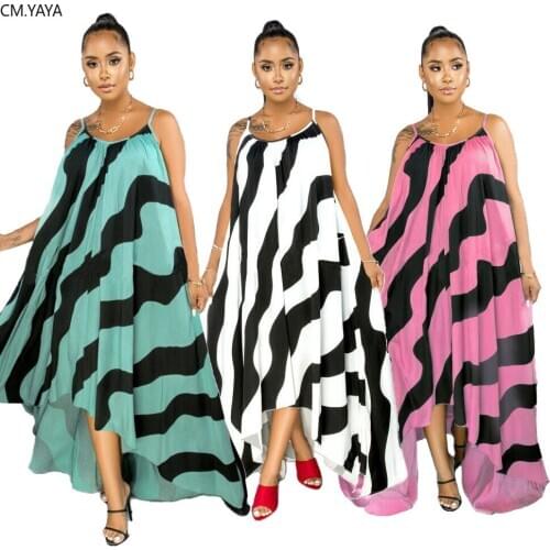 CM.YAYA Women Striped Print Spaghetti Strap Sleeveless Irregular Maxi Dress Fashion Streetwear Long Dresses Vestidos